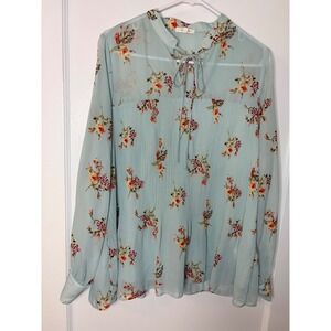 PLEIONE‎ Women's Sheer Floral Print Pleated Tie Neck Long Sleeve Blouse Top L